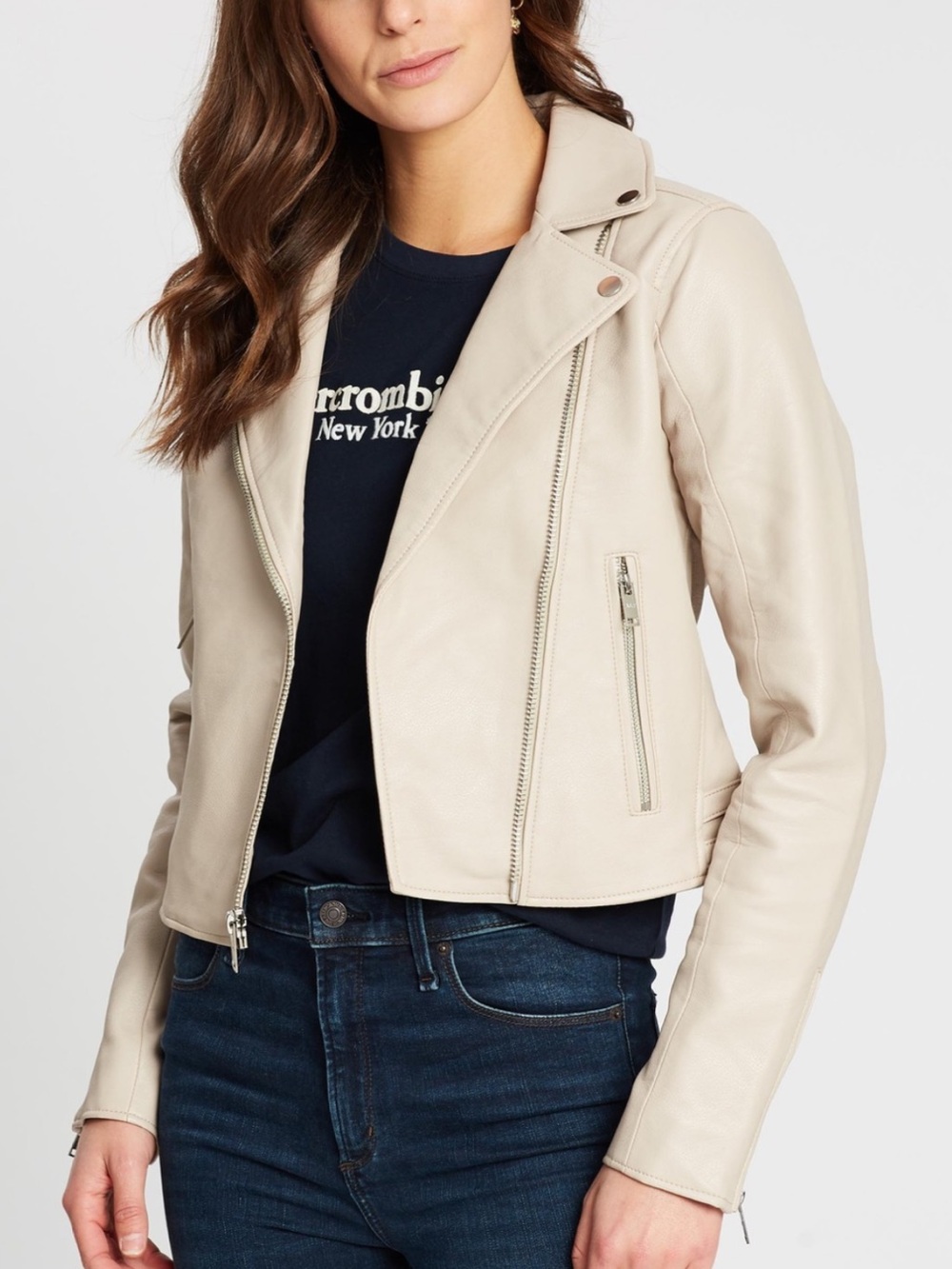 Abercrombie & Fitch Cream Vegan Leather Moto Jacket